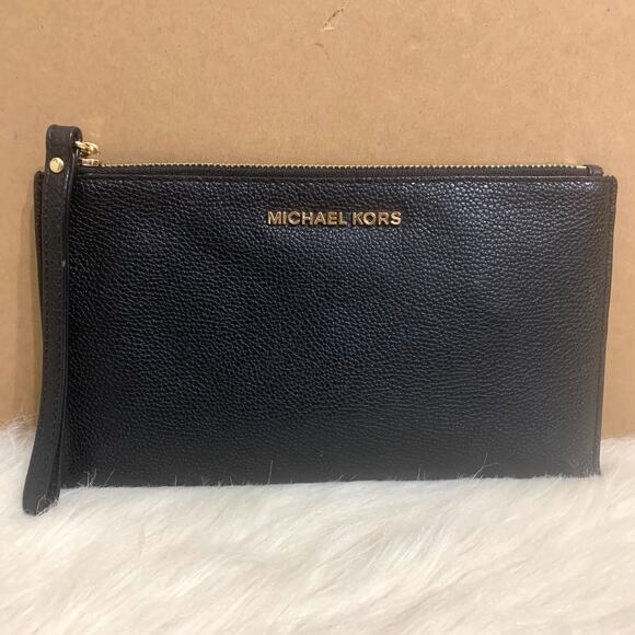 MICHAEL KORS Large 10" Black Pebbled Leather FLAT Pouch Wristlet Clutch - Picture 1 of 12